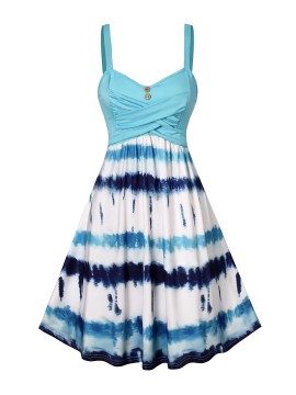 Tie Dye Criss Cross Dress, Casual Sleeveless Ruffle Dress, Women's Clothing